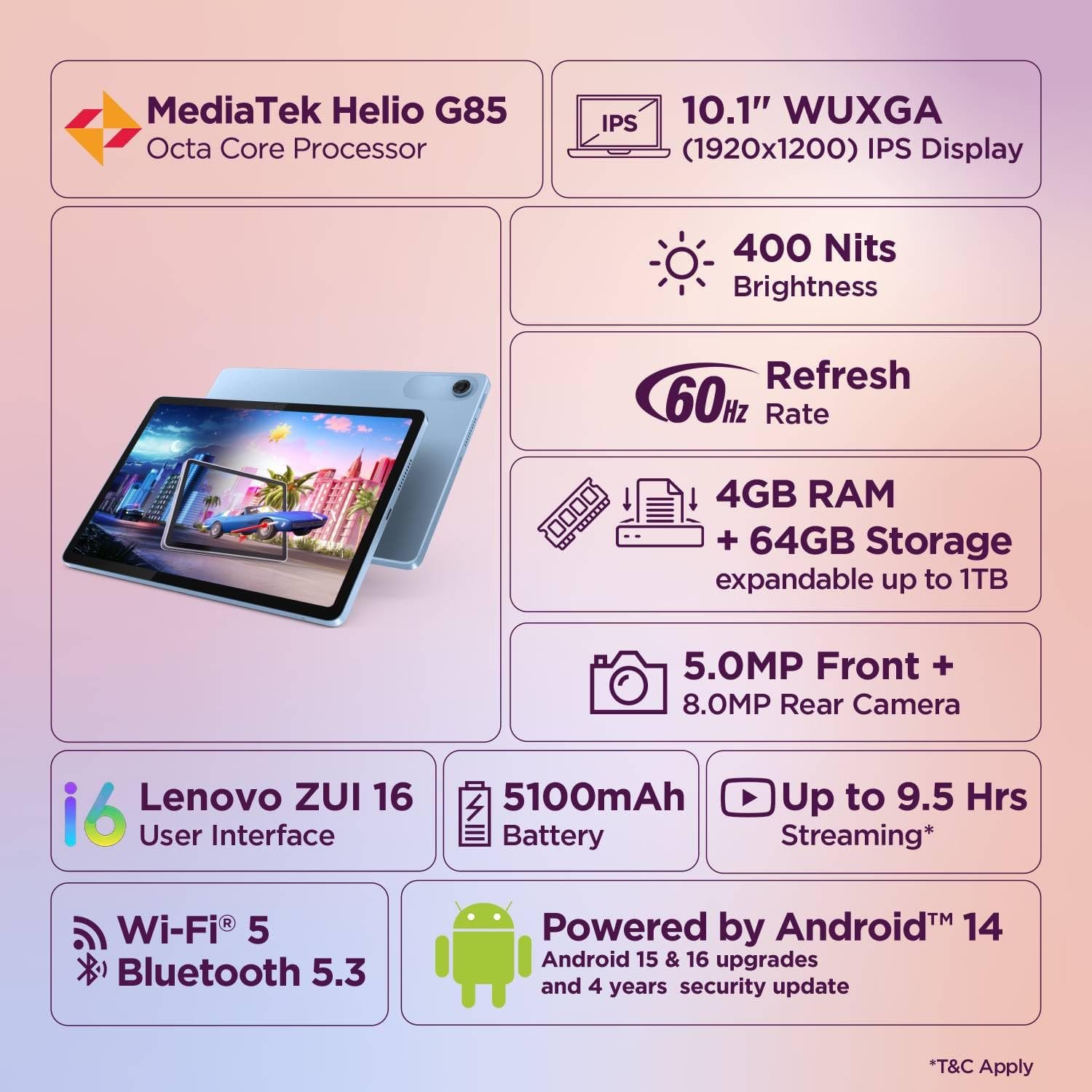 (Refurbished) Lenovo Tab 10.1" Wi-Fi 4GB/64GB - Android 14, Dolby Atmos, Polar Blue | Excellent Condition - Image 2